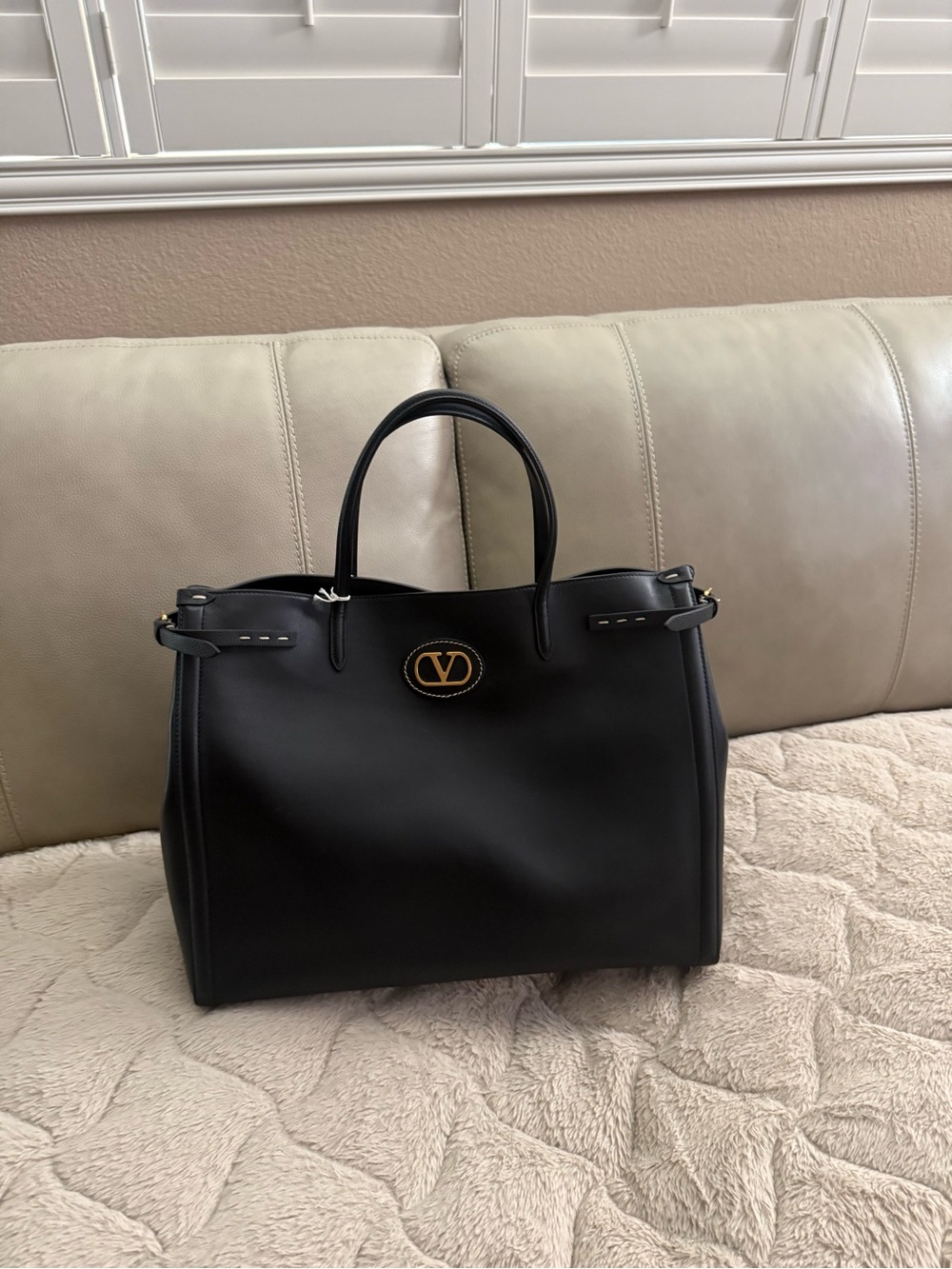 Valentino Garavani Black Leather Tote with Gold Logo